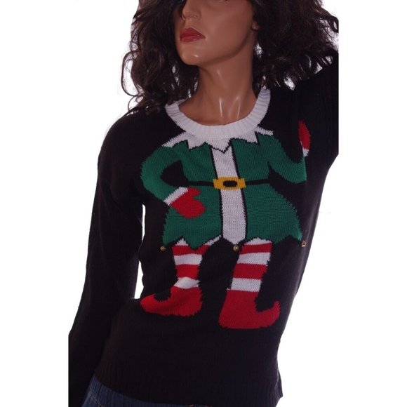 Derek Heart Womens Elf Christmas Sweater Jingle Bells Black Green Size Medium - Picture 1 of 8